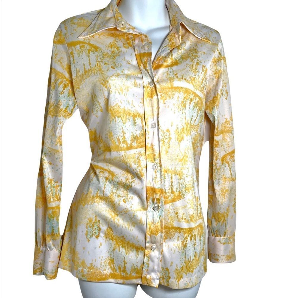 Vintage 1970s Vera Button Down Geometric Long Sleeve Shirt M Saffron Marigold - Picture 6 of 15